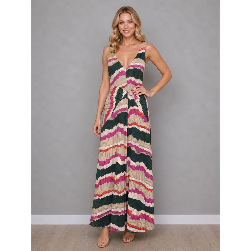 Sam and Jess Maxi Dress Women Large Multi Geometric V-Neck Ruched Sleeveless
